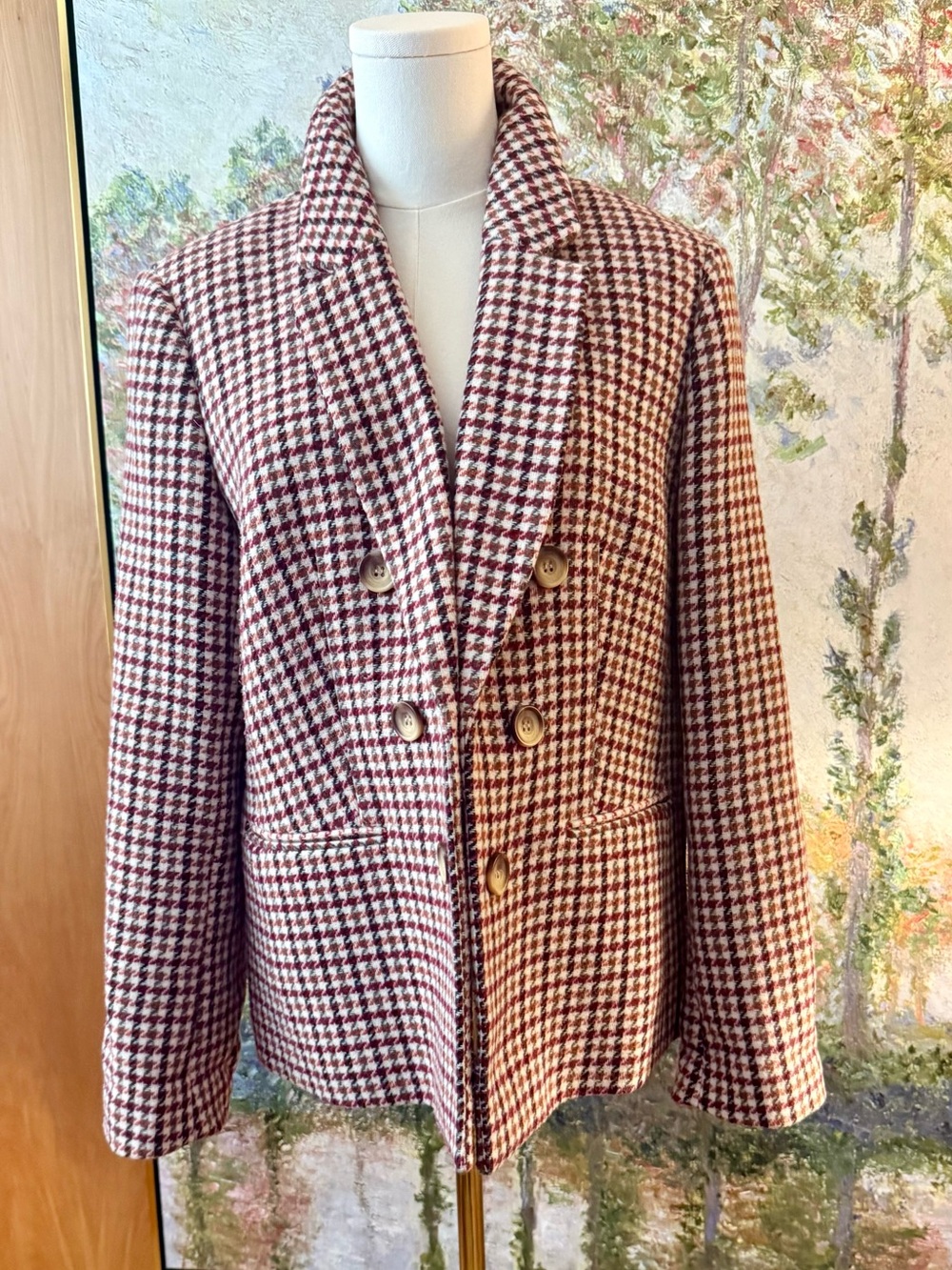 Jones New York Burgundy & Cream Houndstooth Double-Breasted Blazer